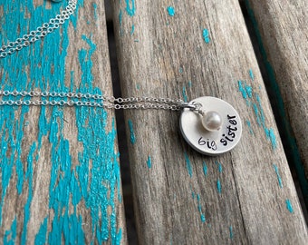 Big Sister Necklace- hand-stamped "big sister" Necklace with an accent bead in your choice of colors  domed pendant