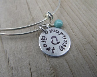 Great Grandma Bracelet- Gift for Great Grandma- Hand-Stamped Bracelet- "Great Grandma", stamped heart, and an accent bead of choice