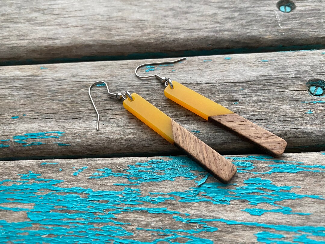 Long Wood and Yellow Acrylic Earrings Etsy
