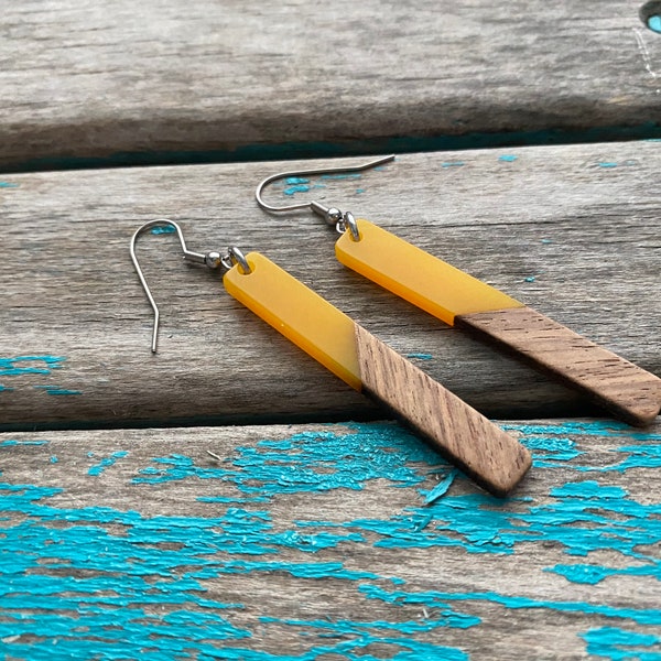 Long Wood and Yellow Acrylic Earrings