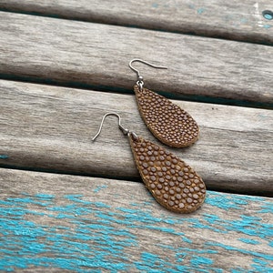 Leather Earrings- Smaller Teardrop Earrings- Textured Brown