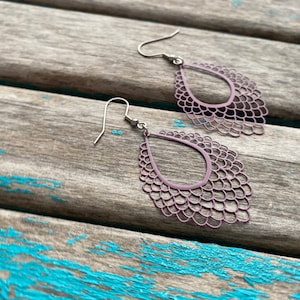 Purple Earrings - Scalloped Detail Teardrop- Unique, and Lightweight Earrings