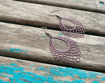 Purple Earrings - Scalloped Detail Teardrop- Unique, and Lightweight Earrings