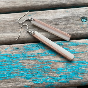 Long Wood and Cloudy White Acrylic Earrings