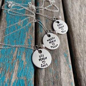 Personalized set of 3 Sisters Necklaces- 3 Necklace Set- &quot;big sister&quot;, &quot;middle sister&quot;, &quot;little sister&quot; with heart, name, and a bead
