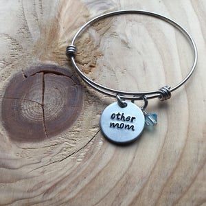 Stepmom Bangle Bracelet: Hand-Stamped &quot;other mom&quot; Charm, Accent Bead