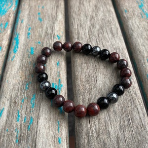 Stone Beaded Bracelet - Brecciated Jasper, Black Obsidian, and Hemalyke -Stretchy Layering Bracelet
