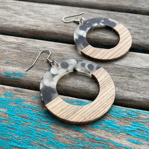 SALE- Large Wood and Black/White/Clear Speckled Acrylic Earrings- Large Circle Style