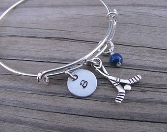 Hockey Bangle Bracelet: Hand-Stamped Initial Charm, Adjustable Stainless Steel