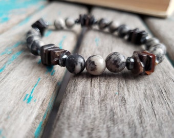 Stone Beaded Bracelet - Black Silk Stone, Shell, and Hemalyke -Stretchy Layering Bracelet