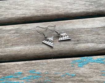 Stainless Steel, Textured, Wavy Triangle-Shaped Earrings- Small Earrings