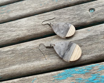 Wood and Grey Smoke Acrylic Earrings