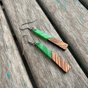 Long Wood and Green Acrylic Earrings -Tapered-Style