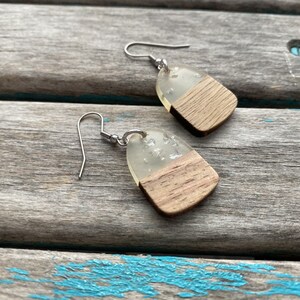 Wood and Clear with Silver Flecks, Rounded Acrylic Earrings
