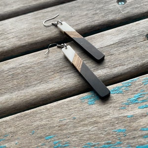Long Wood, Black, and White Acrylic Earrings