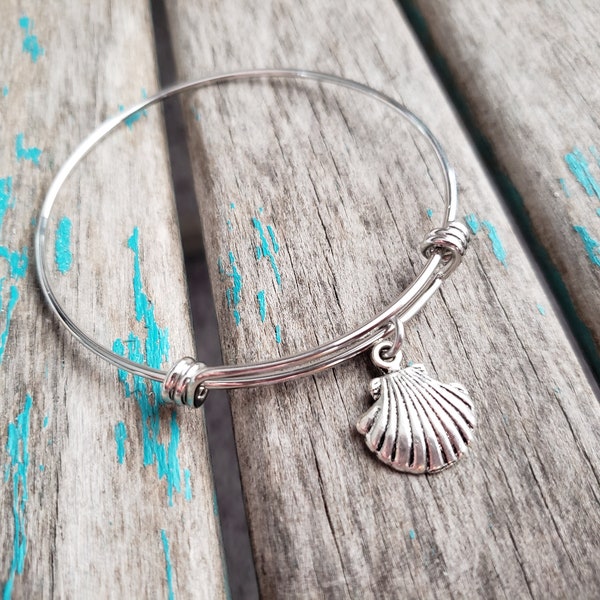 SALE- Seashell Bangle Bracelet- Adjustable Charm Bracelet