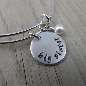 Big Sister Bracelet: Hand-Stamped Bangle with Accent Bead