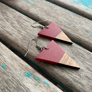 Wood and Red, Triangle-Shaped Acrylic Earrings