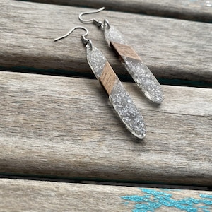 Clear with Silver Flecks and Wood Acrylic Earrings