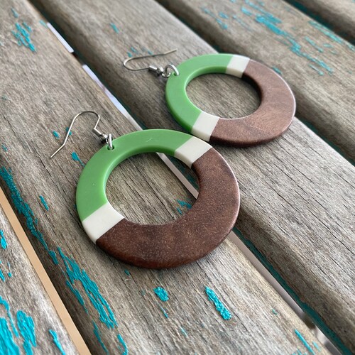 Long Wood and Green Acrylic Earrings Etsy