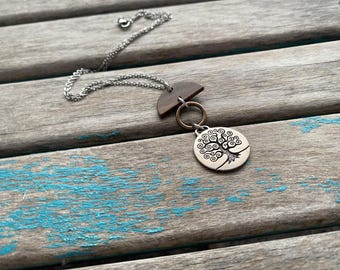 Mixed Metal Tree Necklace: Wood & Silver Pendant