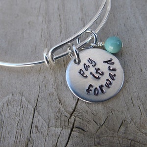 Pay It Forward Bracelet: Hand-Stamped Silver Bangle with Accent Bead