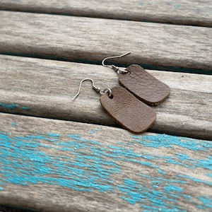 Rustic Brown Leather Earrings- Rounded Rectangle Earrings