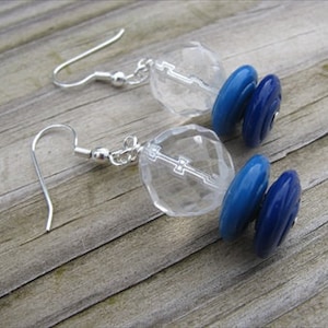 Blue and Clear Glass, Chunky Beaded Earrings