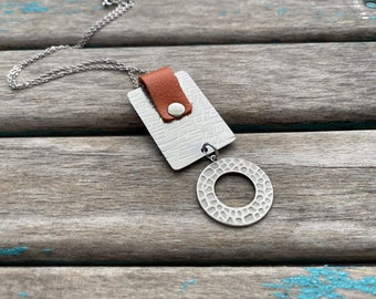 Leather, Wood, and Metal Necklace- Silver and Orange- Stunning Statement Necklace on your choice of chain