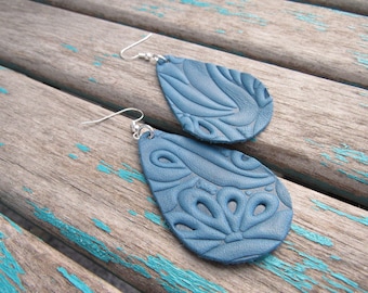 SALE- Leather Earrings- Textured Blue- Leather Teardrop Earrings
