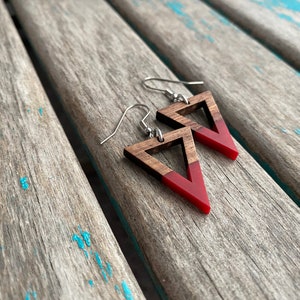 Wood and Red, Triangle-Shaped Acrylic Earrings