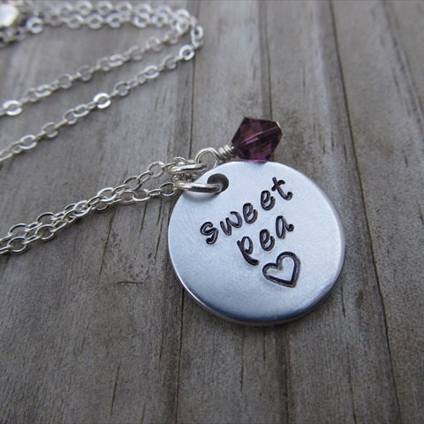 Sweet Pea Necklace- Hand-Stamped "sweet pea" with a stamped heart and an accent bead in your choice of colors- Hand-Stamped Jewelry