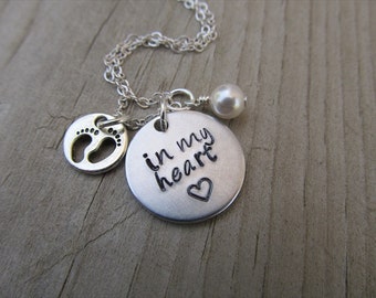 Baby Loss/Miscarriage Necklace- Hand-stamped necklace, "in my heart" with stamped heart, baby footprints charm and an accent bead