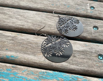 Black Drop Earrings - Trendy Earrings - Unique, and Lightweight Earrings- Circle-Style with Detailed Cutouts