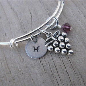 Grapes Bangle Bracelet: Hand-Stamped Initial Charm, Wine Lover Gift