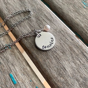 Genuine Necklace- &quot;genuine&quot; with an accent bead in your choice of colors- Hand-Stamped Word Necklace