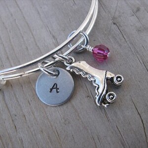 Roller Skate Bangle Bracelet- Adjustable Bangle Bracelet with Hand-Stamped Initial, Roller Skate Charm, and accent bead of your choice