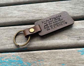 Friendship Keychain: Wood & Leather, Inspirational Quote