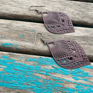 Raisin Purple Dangle Earrings: Lightweight Metal Filigree
