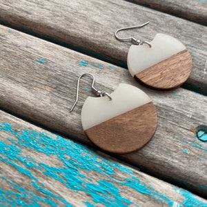Wood and Cloudy White Acrylic Earrings