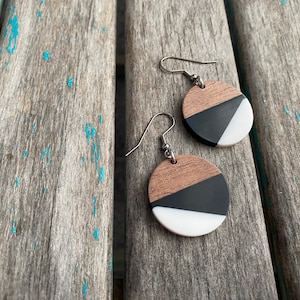 Wood, Black, and White Acrylic Earrings