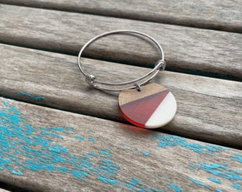 Wood, Red, and White Charm Bracelet- Adjustable Bangle Bracelet with Wood and Acrylic/Resin Charm