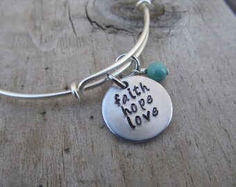 Inspiration Bracelet- Hand-Stamped "faith hope love" Bracelet with an accent bead in your choice of colors