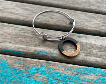 Wood and Black Open Circle Charm Bracelet- Adjustable Bangle Bracelet with Wood and Acrylic/Resin Charm