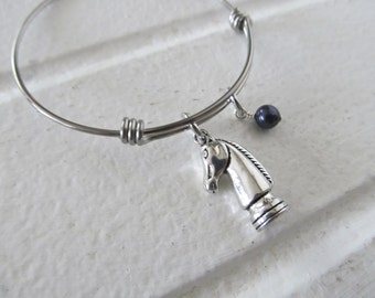 Chess Knight Charm Bracelet: Adjustable Bangle with Accent Bead