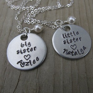 Personalized set of 2 Sisters Necklaces- 3 Necklace Set- &quot;big sister&quot;, &quot;little sister&quot; each with a name and a pearl- 2 necklace set