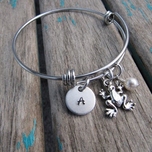Frog Bangle Bracelet- Adjustable Bangle Bracelet with Hand-Stamped Initial, Frog Charm, and an accent bead of choice