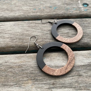 Wood and Black Acrylic Earrings- Circle Style