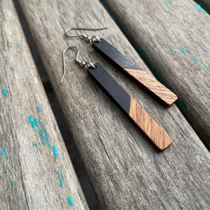 Long Wood and Black Acrylic Earrings