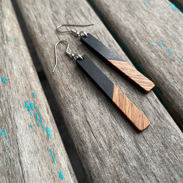 Long Wood and Black Acrylic Earrings